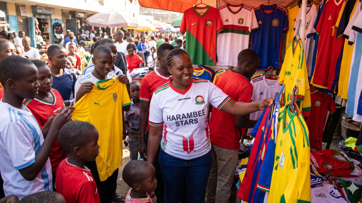 A shot in a busy market at dusk, focusing on a vendor draping colourful football jerseys over a rack as enthusiastic Kenyan customers browse and touch them. PHOTO/Gemini.