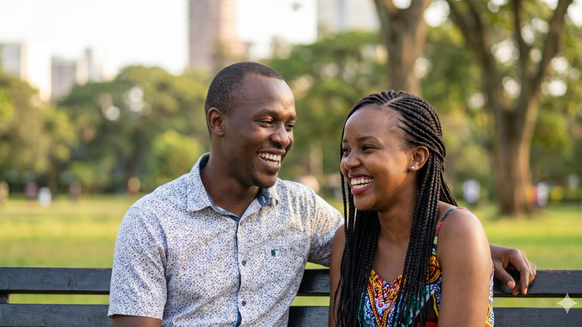A young couple sharing hearty laughter on a park bench, their faces glowing with connection. PHOTO/Gemini