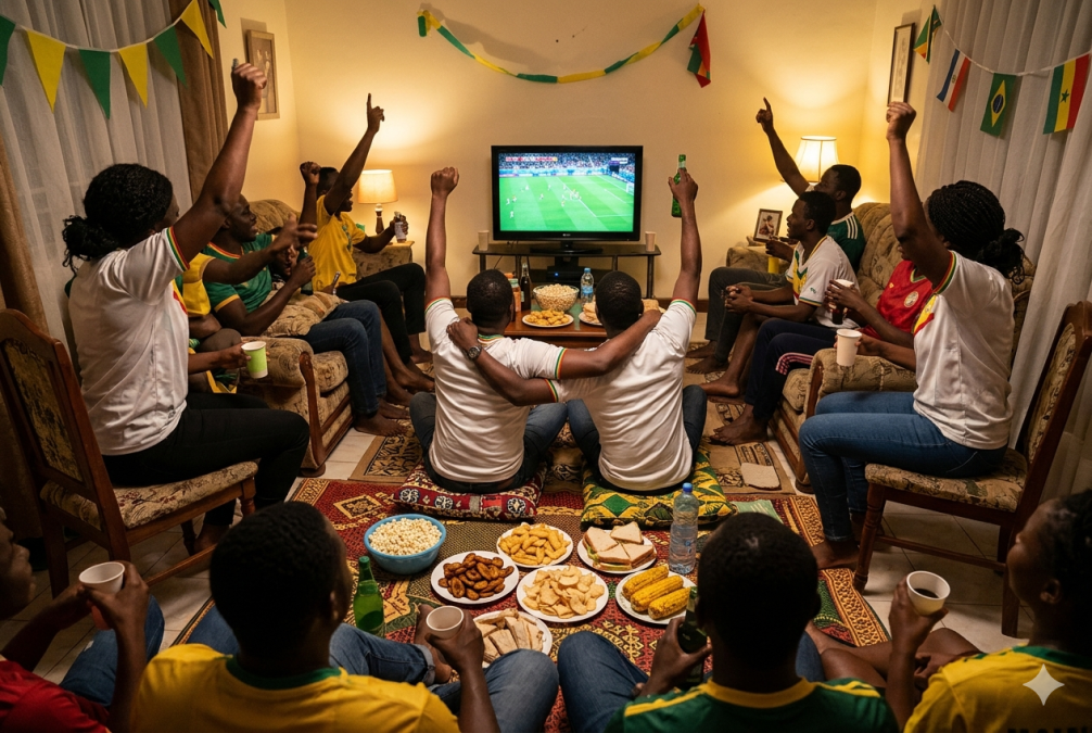 Friends watch football with simple snacks.