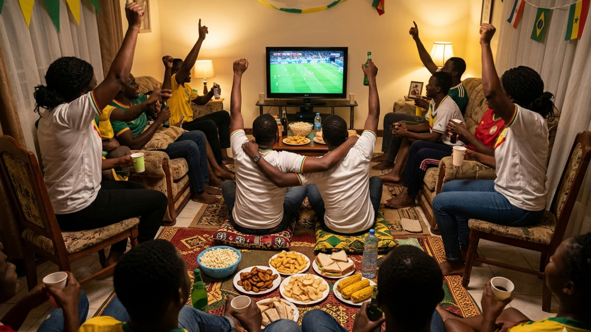 Friends watch football with simple snacks.