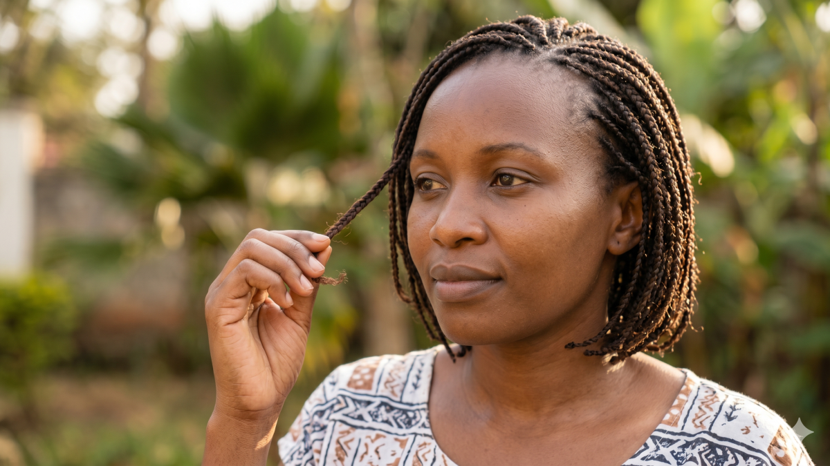 A woman thoughtfully examines her braided hair in warm, natural afternoon light. PHOTO/Gemini