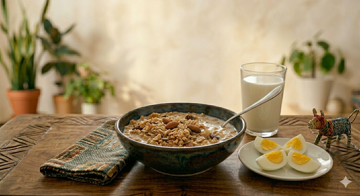 A bowl of oatmeal with granola and fruits topping, boiled eggs and a glass og milk. PHOTO/Gemini
