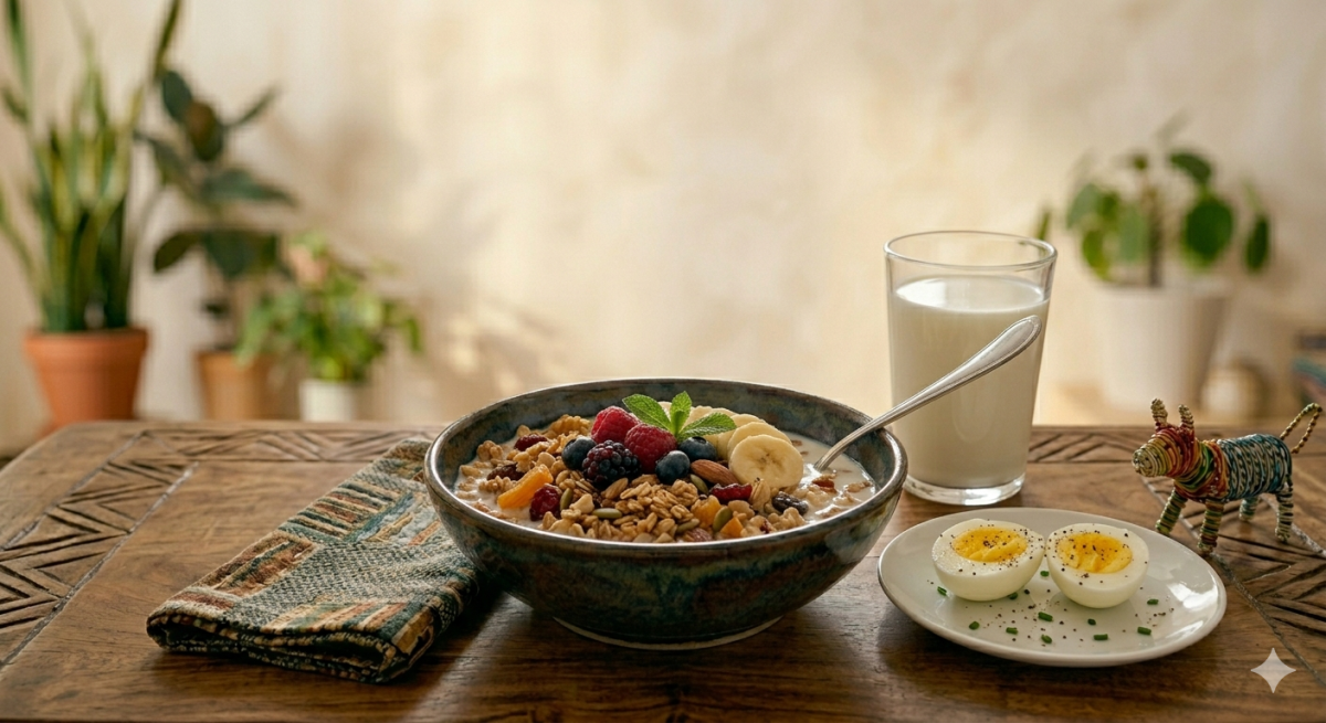A bowl of oatmeal with granola and fruits topping, boiled eggs and a glass og milk. PHOTO/Gemini