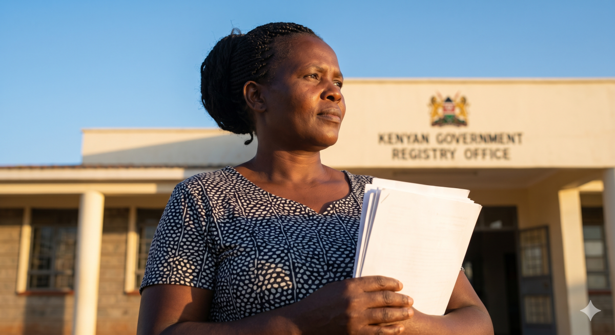A determined Kenyan small business owner stands outside the courthouse registry holding simple legal documents PHOTO/Gemini