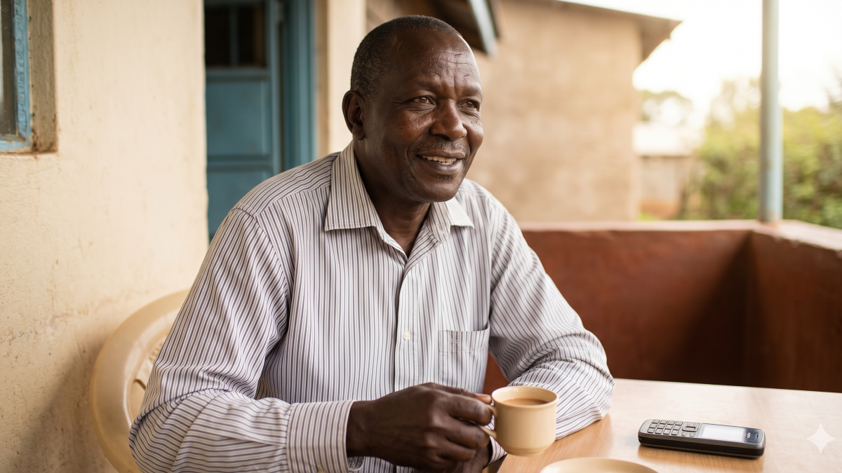 A smiling father in a simple shirt sits on his porch, holding a small cup of tea. PHOTO/Gemini