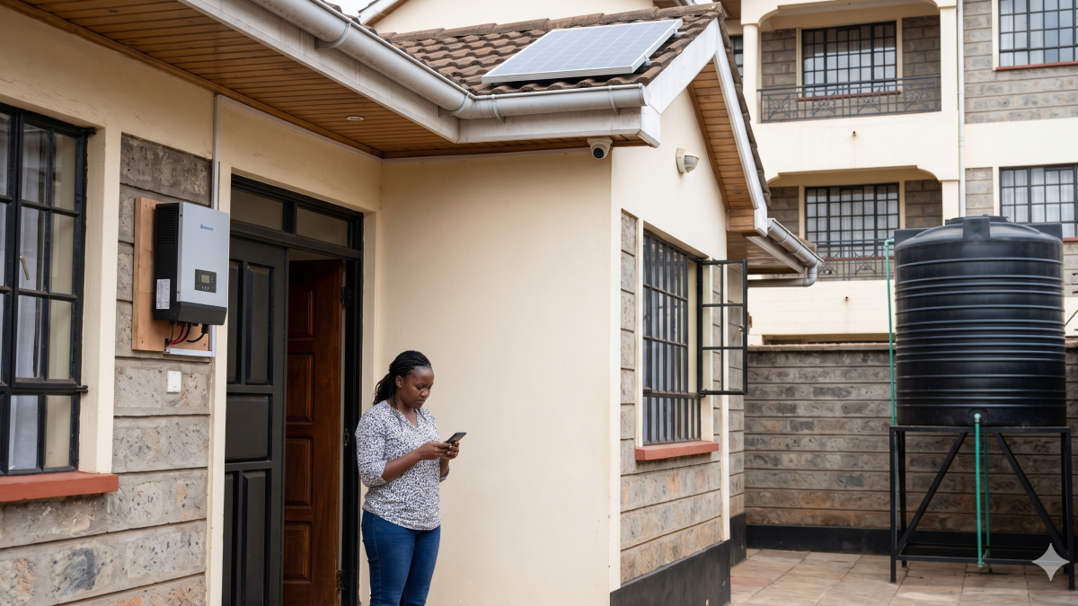 A Kenyan woman uses her phone in a secure, efficient Nairobi compound. PHOTO/Gemini.