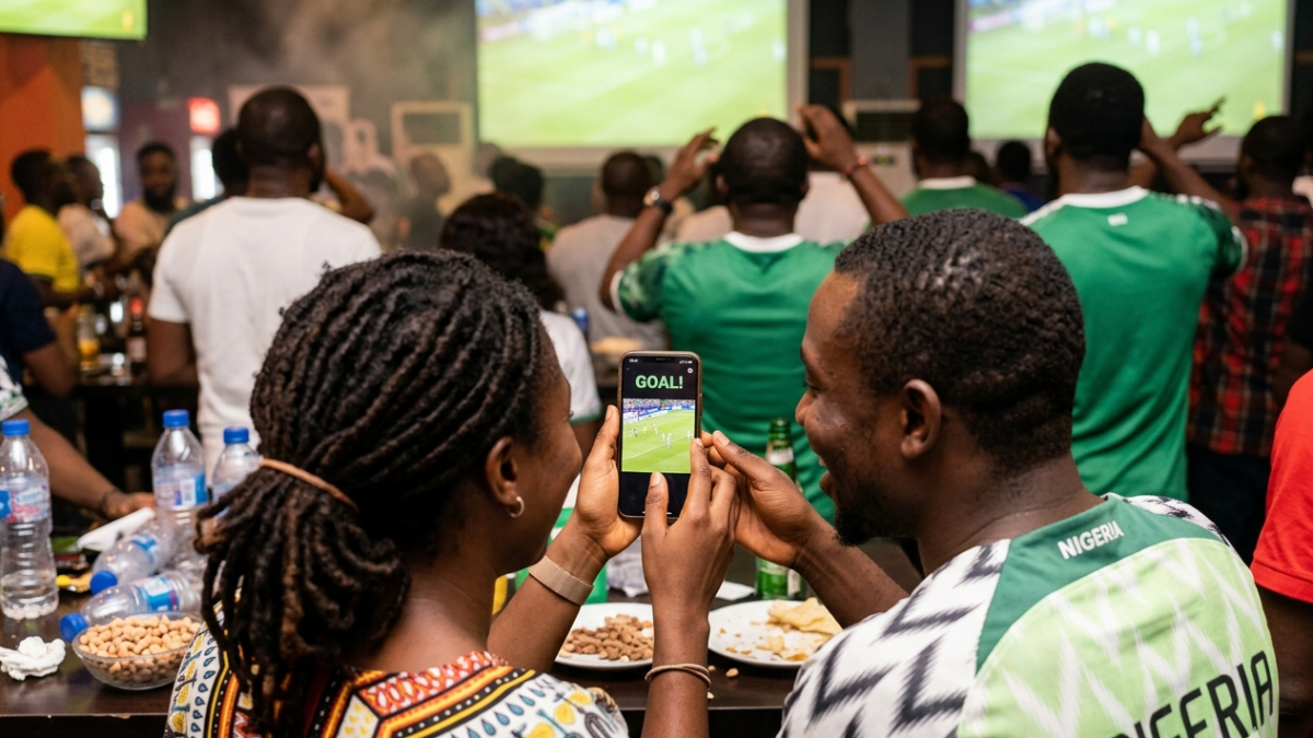 Friends share football joy via smartphone. PHOTO/AI
