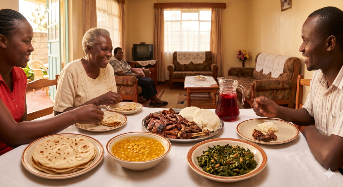 A family gathers for a budget-friendly Madaraka Day meal featuring classic dishes in a cozy home. PHOTO/Gemini.