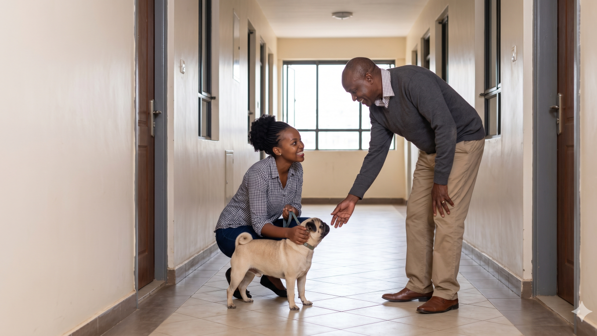 A tenant introduces her small dog to an older neighbor in the common corridor of their shared apartment building. PHOTO/Gemini