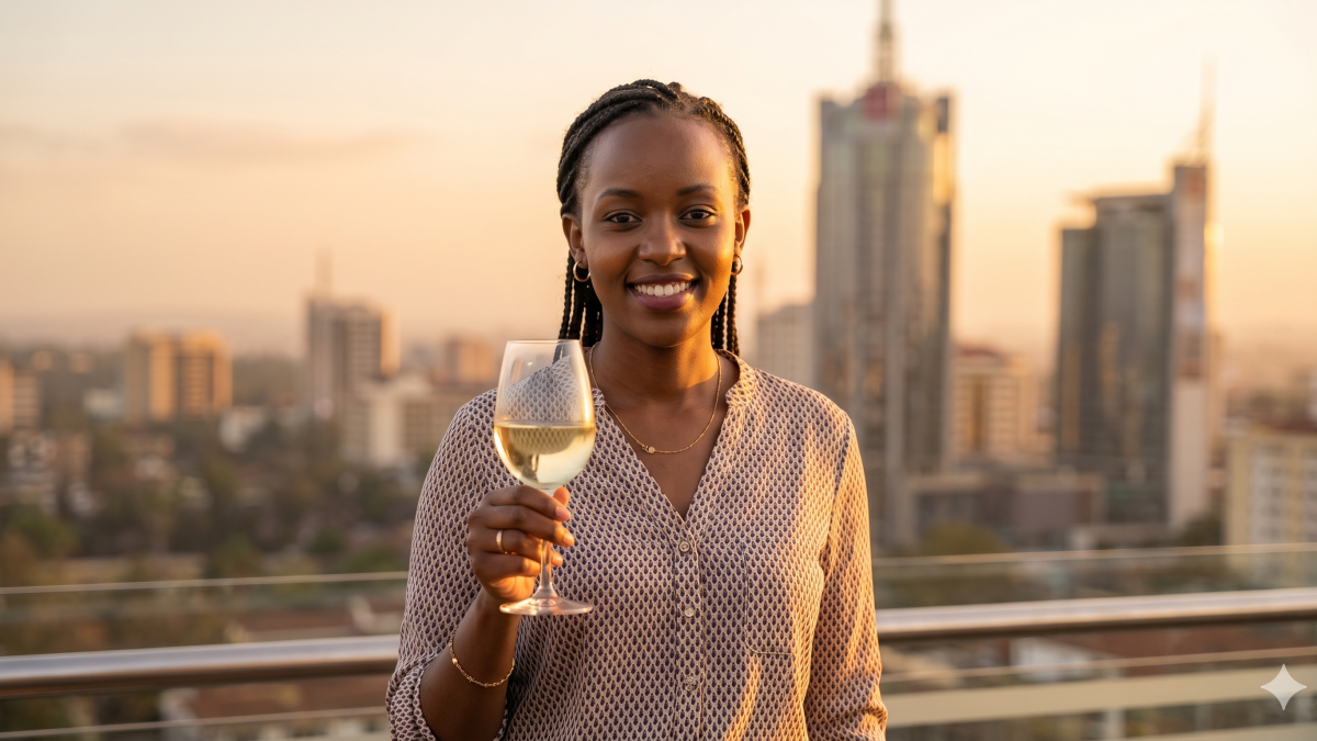 A Kenyan woman smiles with a glass of white wine against the Nairobi skyline. PHOTO/Gemini