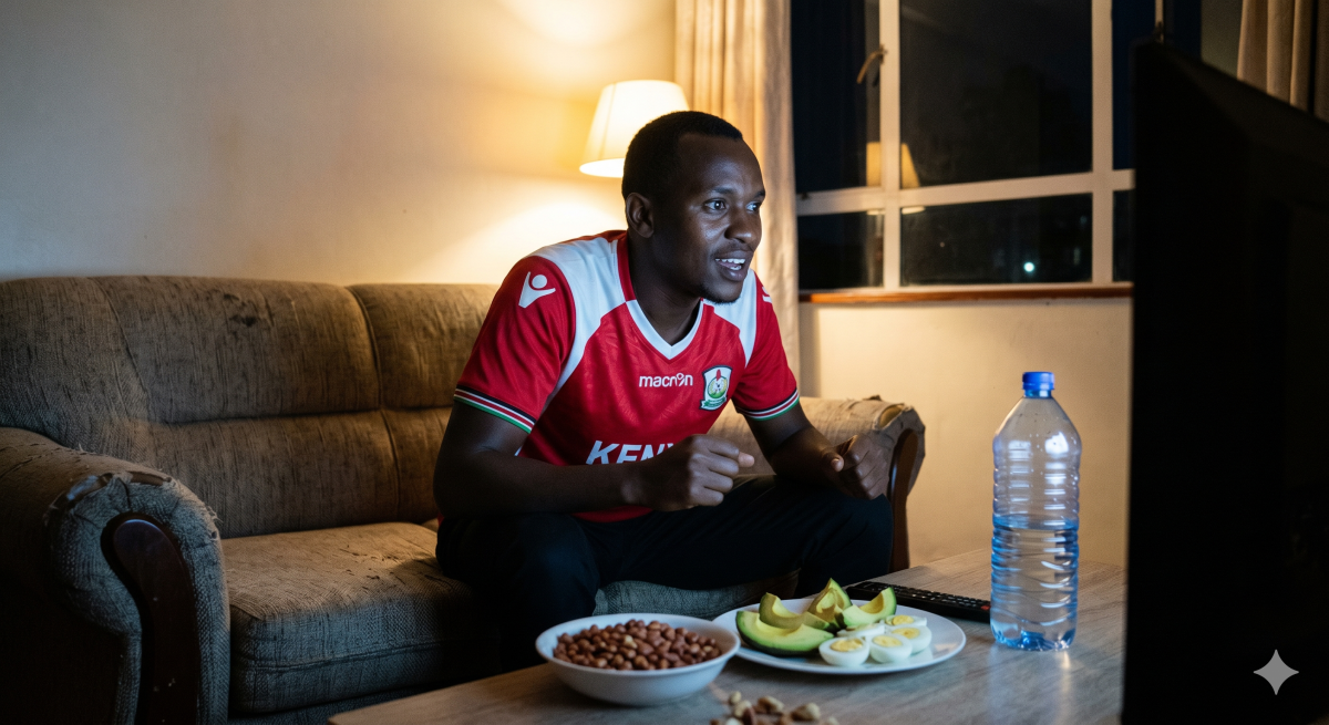 A football fan watches a late-night match surrounded by healthy snacks like groundnuts, eggs, and water. PHOTO/Gemini