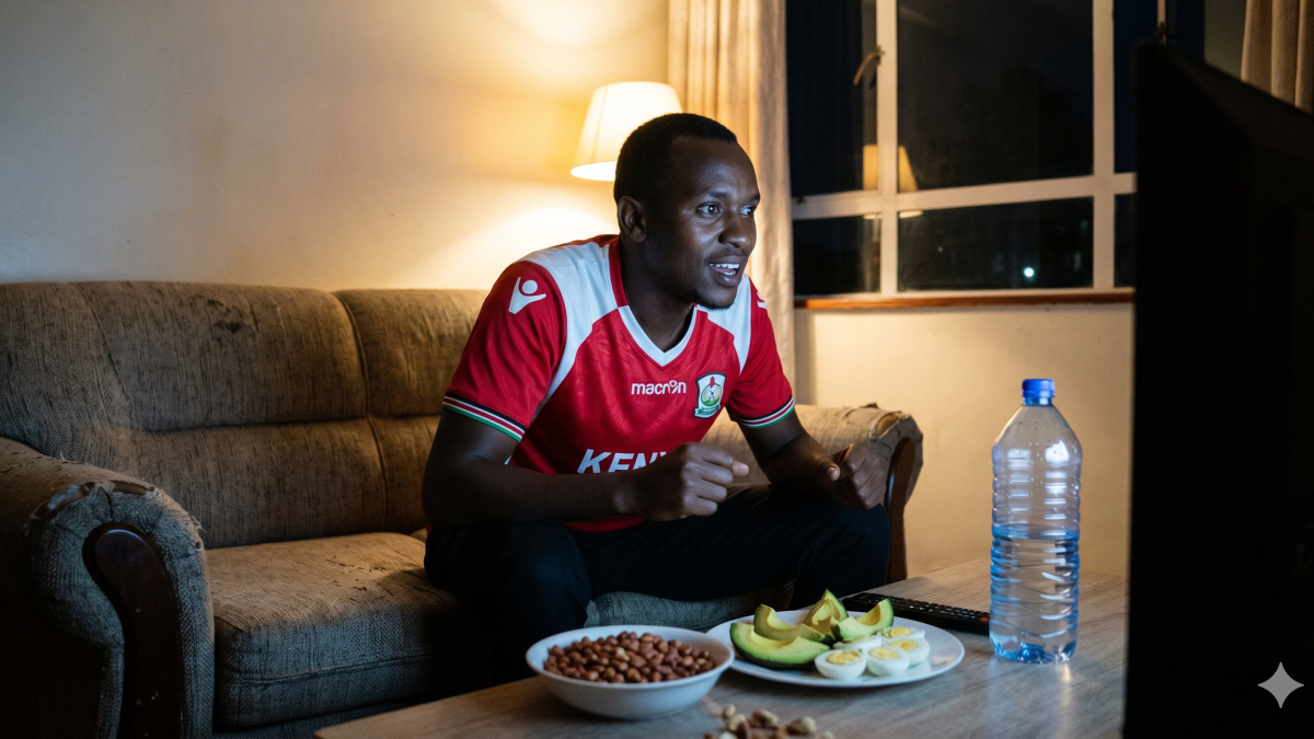 A football fan watches a late-night match surrounded by healthy snacks like groundnuts, eggs, and water. PHOTO/Gemini