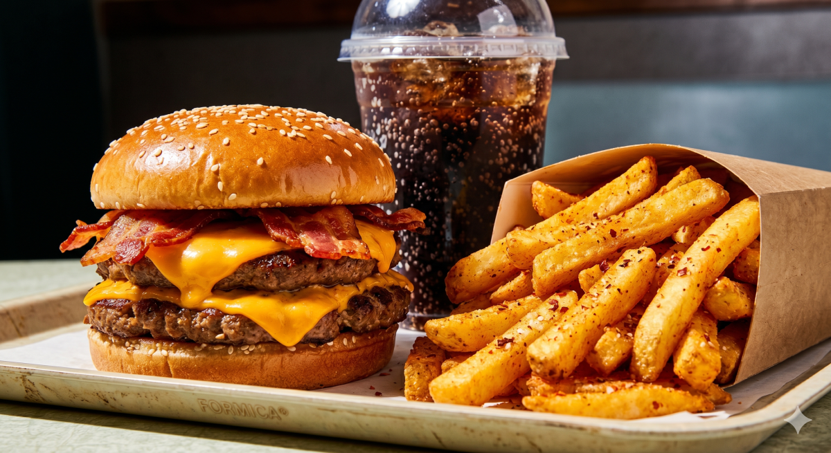 A massive, double-patty cheeseburger and deeply golden, seasoned French fries, glistening with melted cheese and grease, next to an oversized soda.