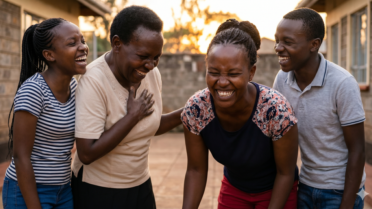 A multi-generational family shares a moment of genuine, helpless laughter outdoors at sunset. PHOTO/Gemini