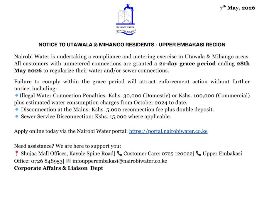 Nairobi Water's final warning to illegal connectors in Utawala and Mihango. PHOTO/@NairobiWater/X