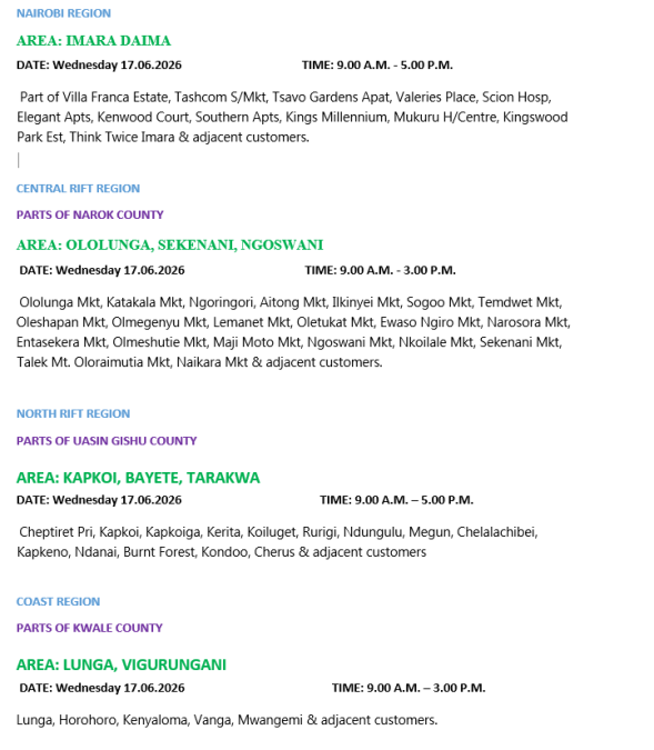 Kenya Power lists areas to experience blackout on Wednesday, June 17