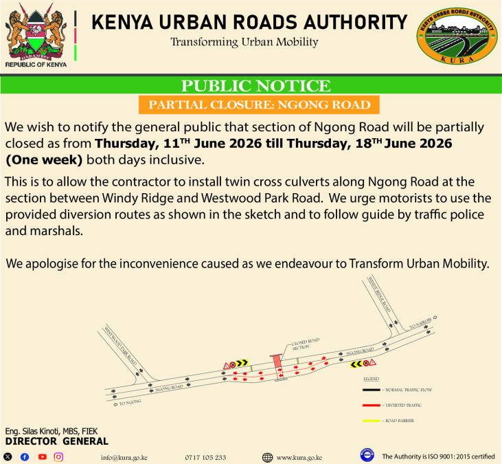 Roads to be partially closed. PHOTO/ @KURAroads/X
