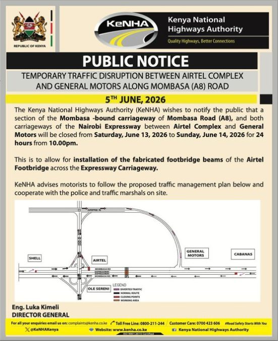 KeNHA announces temporaly traffic disrupotion along Mombasa road. PHOTO/@KeNHAKenya/X