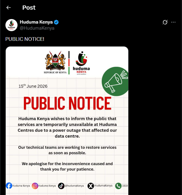 A post shared by Huduma Kenya on X. PHOTO/Screengrab by K24 Digital