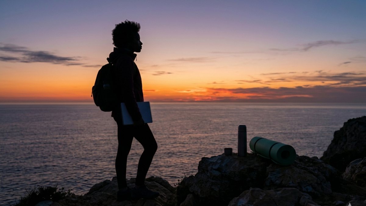 Silhouette of woman during sunset, ocean, notebook. PHOTO/AI