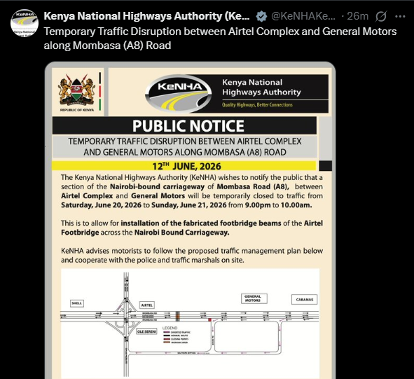 A post shared by KeNHA on X. PHOTO/Screengrab by K24 Digital