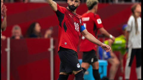 Mohamed Salah leaps in delight after his goal for Egypt in a World Cup match against New Zealand. PHOTO/https://www.facebook.com/EgyptNT