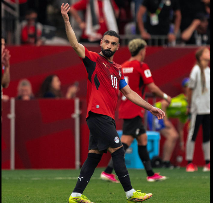 Mohamed Salah leaps in delight after his goal for Egypt in a World Cup match against New Zealand. PHOTO/https://www.facebook.com/EgyptNT