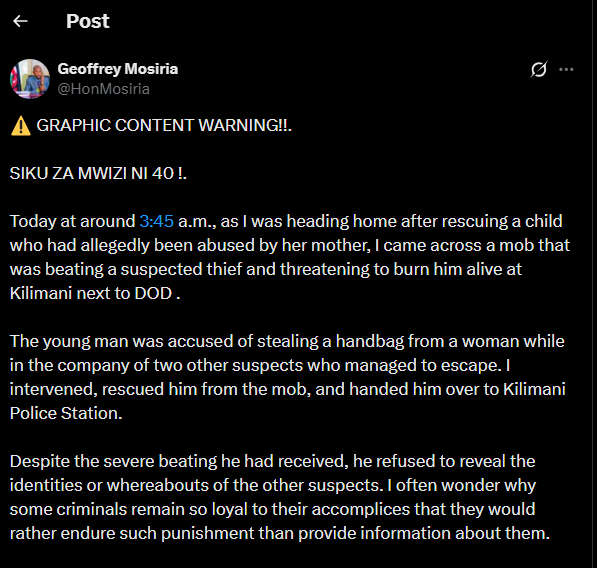 A post shared by Geoffrey Mosiria on X. PHOTO/Screengrab by K24 Digital