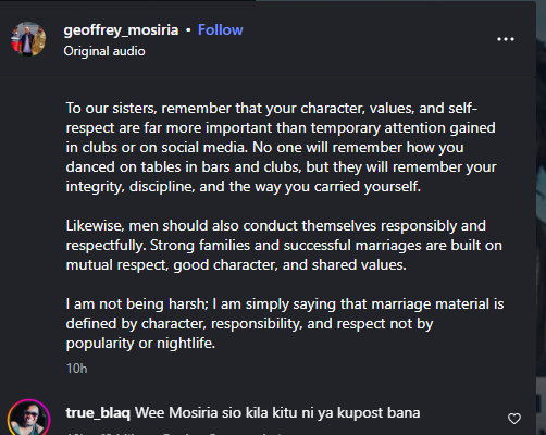 A post shared by Geoffrey Mosiria on Instagram. PHOTO/Screengrab by K24 Digital