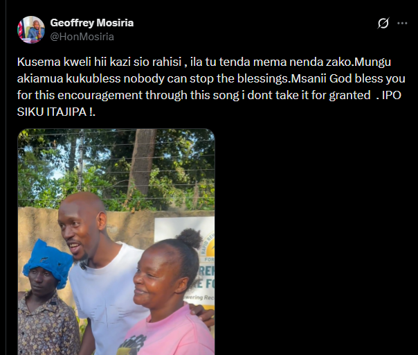 A post shared by Geoffrey Mosiria on X. PHOTO/Screengrab by K24 Digital