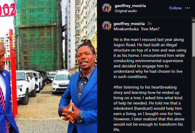 A post shared by Geoffrey Mosiria on Instagram. PHOTO/Screengrab by K24 Digital