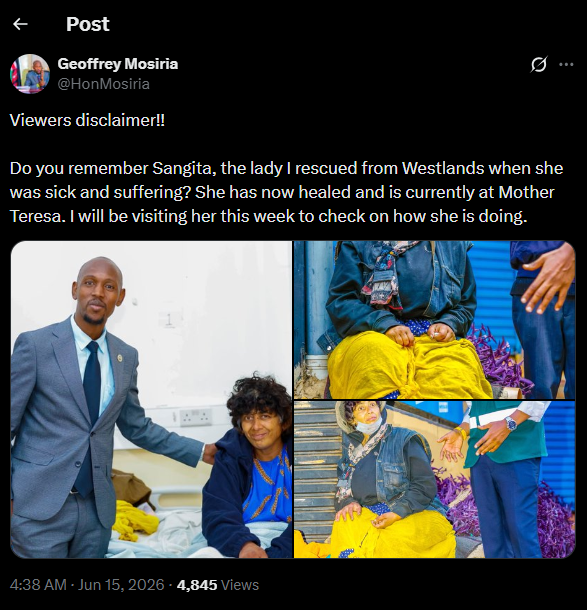 A post shared by Geoffrey Mosiria on X. PHOTO/Screengrab by K24 Digital