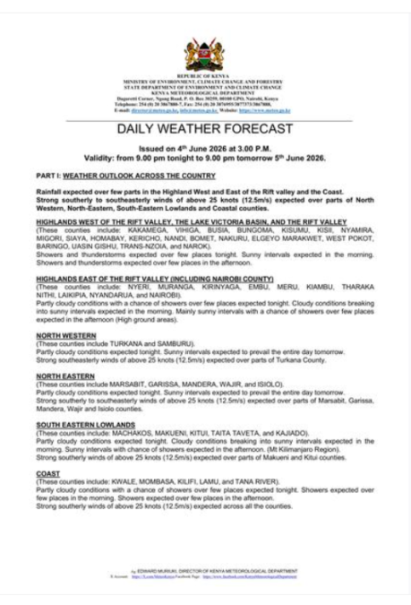Kenya Met's latest weather update. PHOTO/https://meteo.go.ke/our-products/daily-forecast/daily-forecast-valid-5th-june-2026/