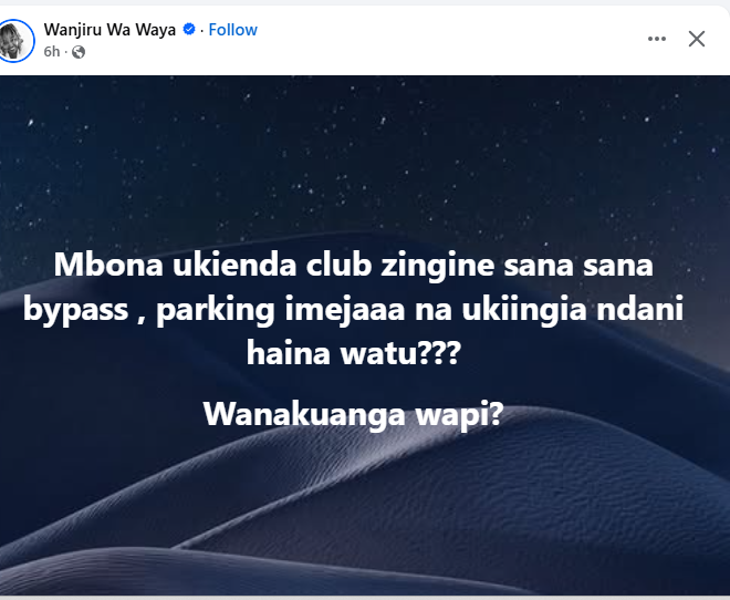 Wanjiru Wa Waya Facebook's post talking about high-end club. PHOTO/Screengrab by K24 Digital from Facebook by @wanjiruwawayaofficial