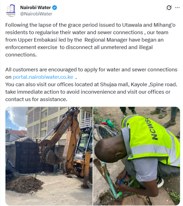 Nairtobi Water disconnecting illegal connections in Utawala and Mihango. PHOTO/@NairobiWater/X
