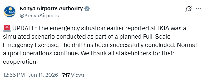 KAA statement on emergency situation at JKIA.PHOTO/@KenyaAirports/X