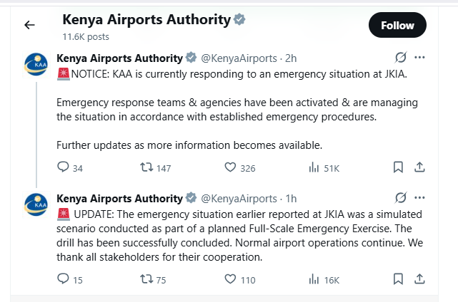 A statement by KAA confirming service restoration after an earlier emergency drill. PHOTO/@KenyaAirports/X