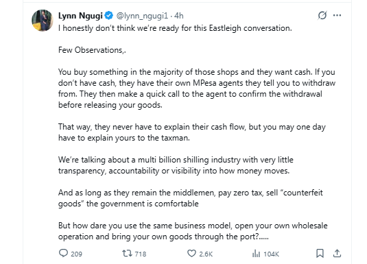 A post by Lynn Ngugi about worrying money trend in Eastleigh. PHOTO/@lynn_ngugi1/X