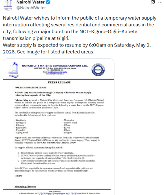 Nairobi Water's statement on supply interruption. PHOTO/.@NairobiWater/X