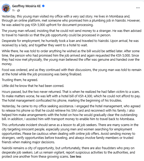 Geoffrey Mosiria's statement on job scam. PHOTO/https://www.facebook.com/kiongozi.mosiriake