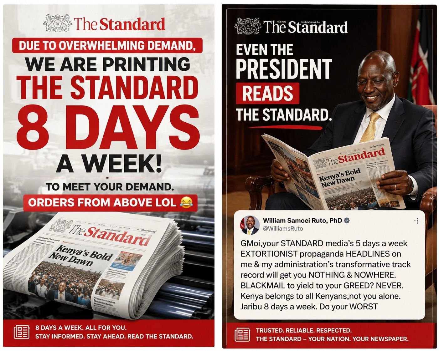 8 days a week pressure: 'The Standard' fires back after Ruto’s rant