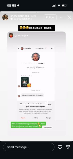 A post shared by Sheryl Gabriella on her Instagram stories. PHOTO/Screengrab by K24 Digital