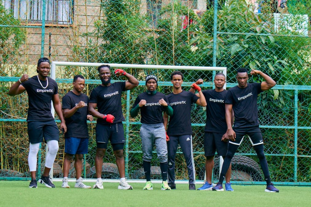 Marvin Obuya, head of Boxing at Kalakoda Promotions, poses for a group photo with several fighters including headlineer Joshua Wasike. PHOTO/Lavender Kusimba