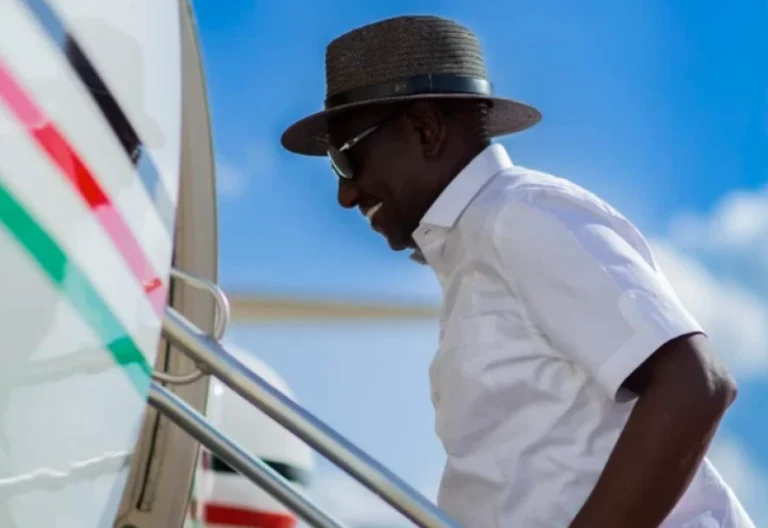 Past photo of President William Ruto boarding a plane as he departs Kenya. PHOTO/PCS
