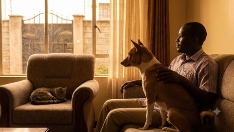 A warm, intimate photograph of a man sitting indoors with a dog and cat in his modest home.