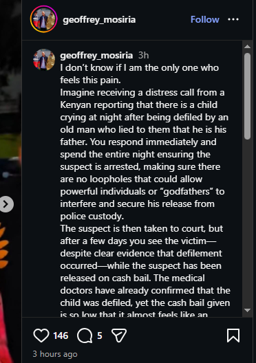A post shared by Geoffrey Mosiria on Instagram. PHOTO/Screengrab by K24 Digital
