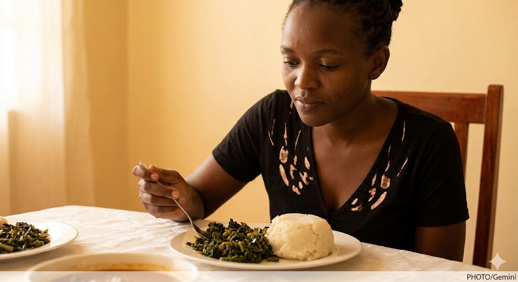 A woman looking at a plate holding cooked Sukuma Wiki (braised kale/collards) and ugali at a dinner table, illuminated by warm, natural light. PHOTO/Gemini