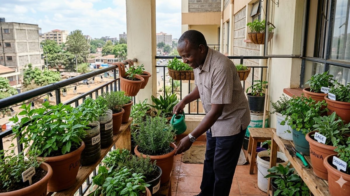 A man growing herbs on his balcony.