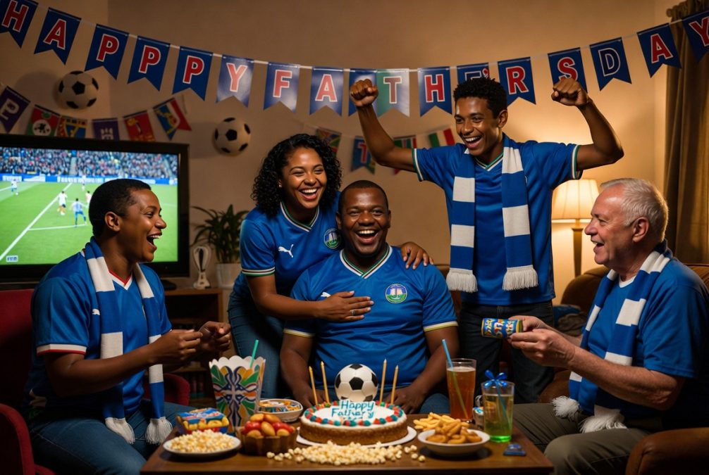 Family celebrating Father's Day while watching World Cup