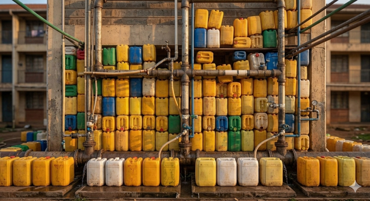 Jerrycans at a water pumping station. PHOTO/Nano Banana.